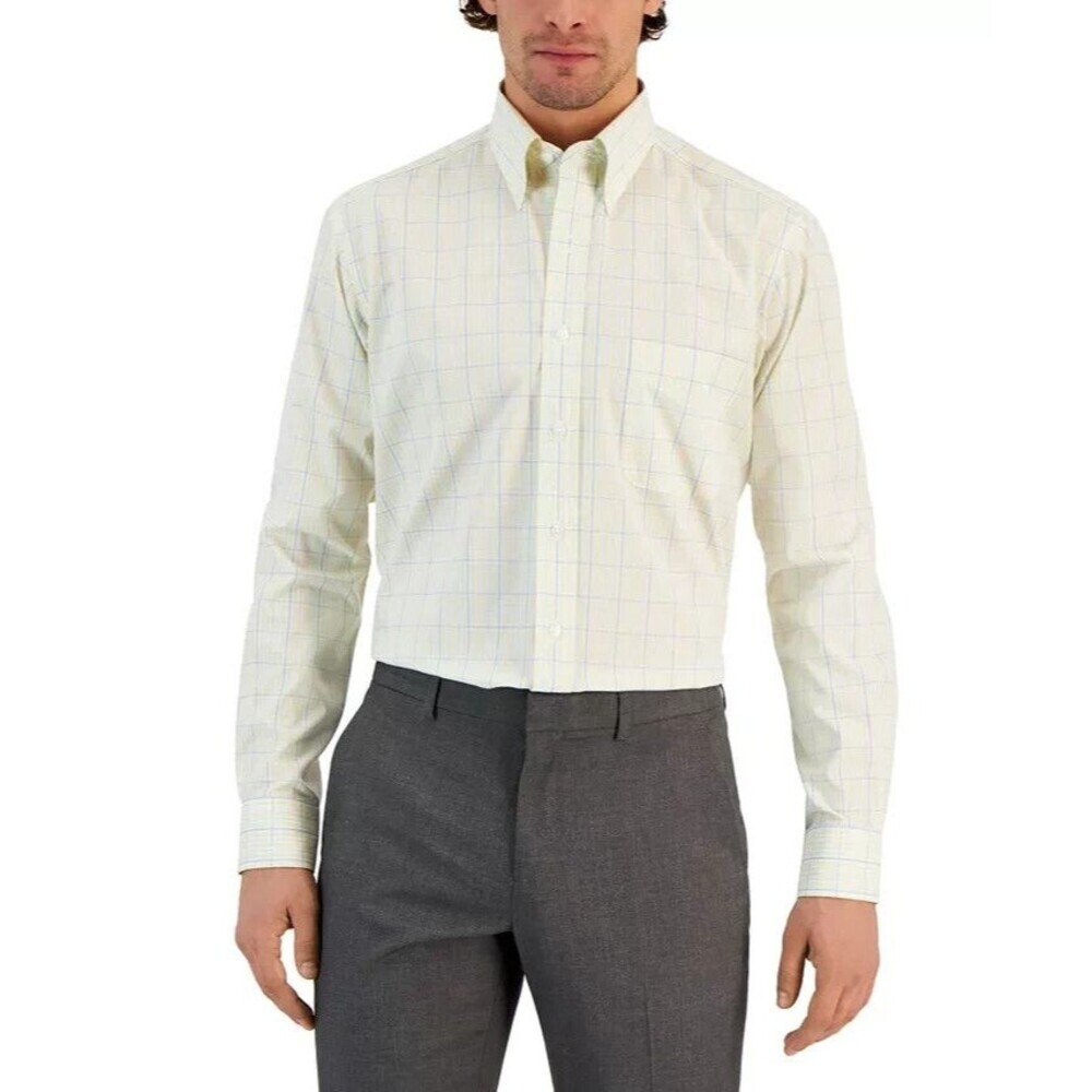 Club Room Men's Regular Fit Plaid Button Down Dress Shirt Yellow Blue 15.5/32-33